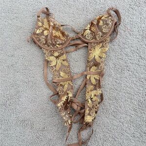 Gold Sequin Floral Lace Teddy - Nude Base